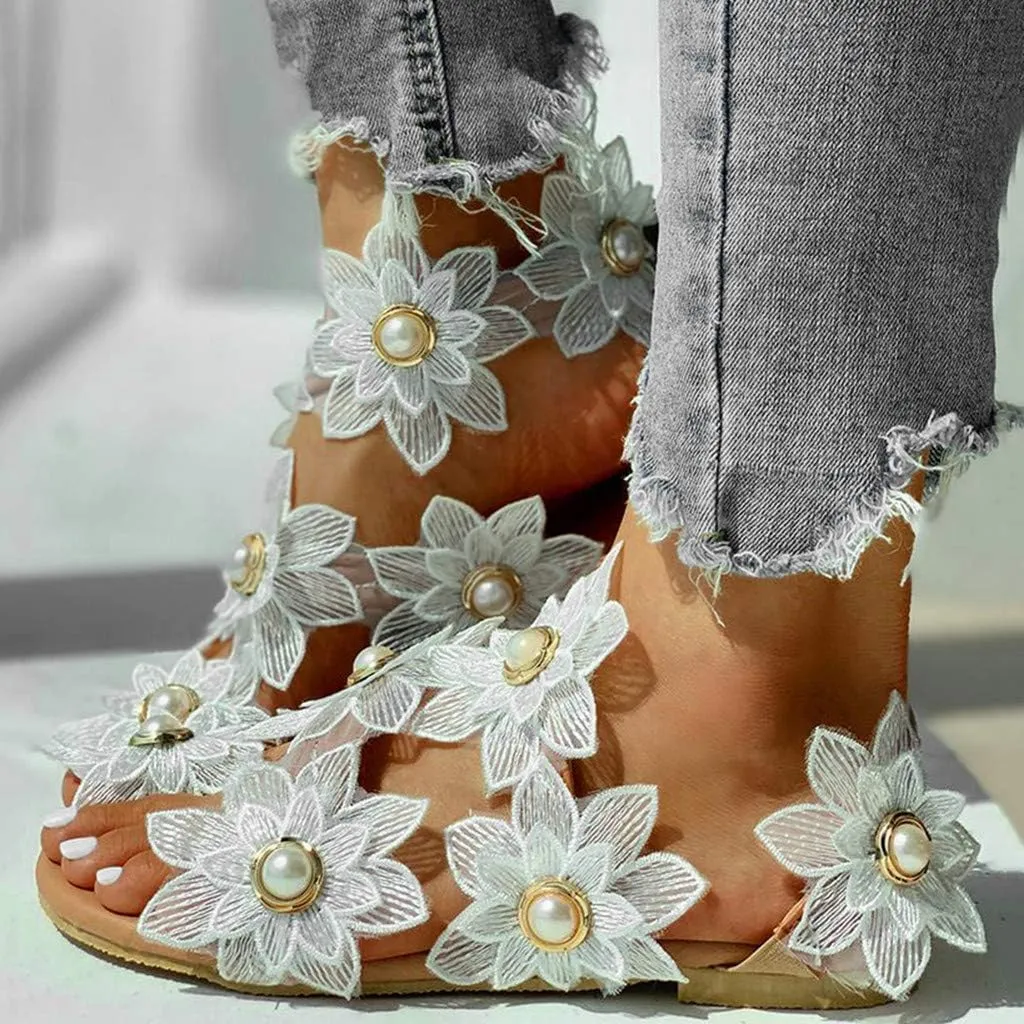 Rhinestone Sandals for Women Dressy Sandals for Wedding Pearl and Rhinestone Shoe Strappy Beach Wedding Shoes Sandals Women Dressy Summer Flat
