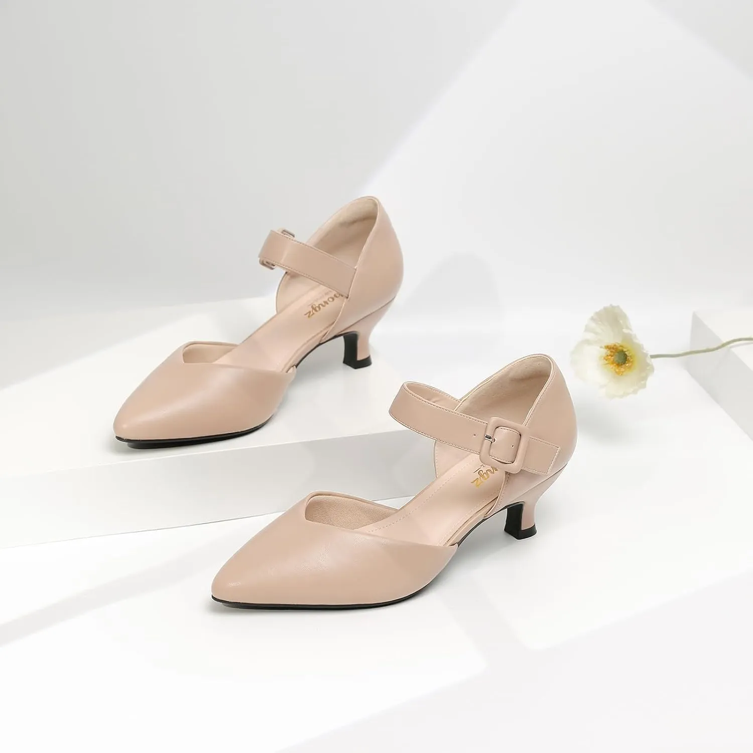 RIBONGZ Comfortable Kitten Heels for Women Pointed Closed Toe Ankle Strap Buckle Heels Slip on Low Heel Church Pumps Wedding Bridal Party Dressy Shoes