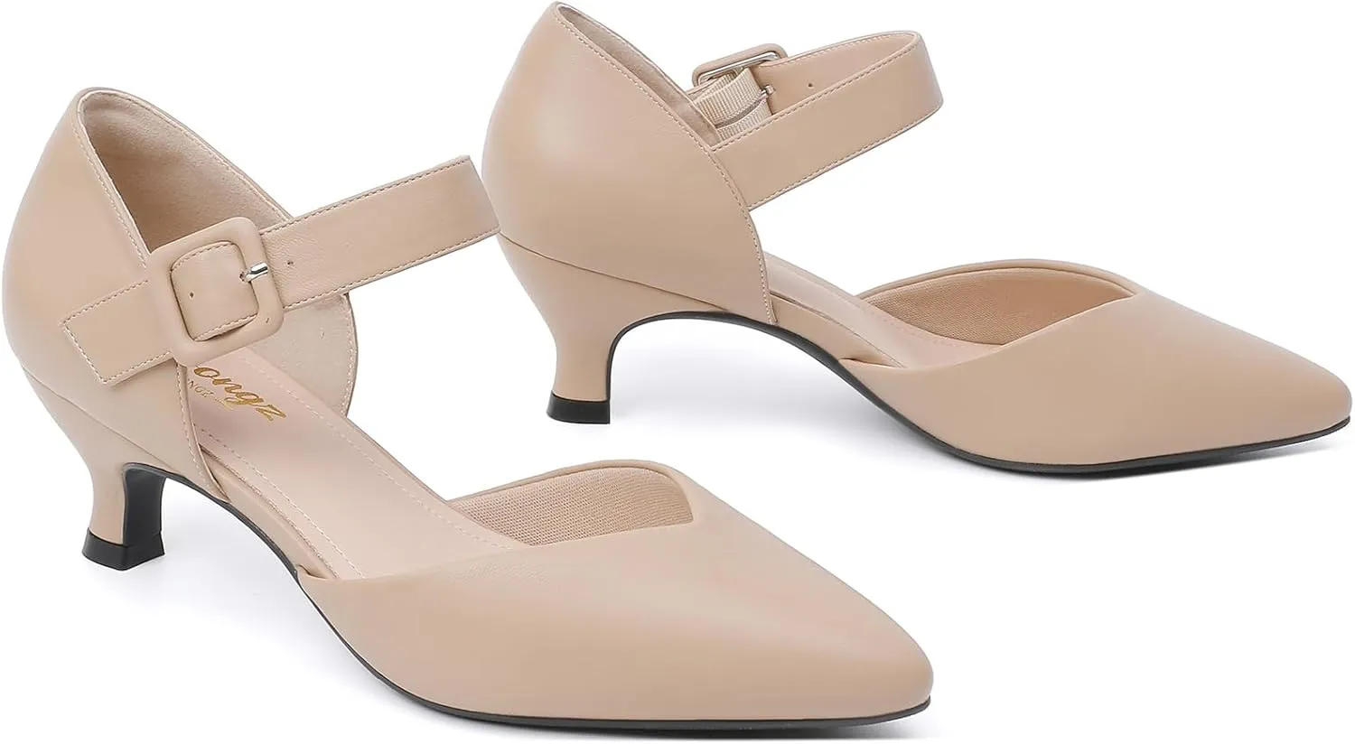 RIBONGZ Comfortable Kitten Heels for Women Pointed Closed Toe Ankle Strap Buckle Heels Slip on Low Heel Church Pumps Wedding Bridal Party Dressy Shoes