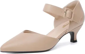 RIBONGZ Comfortable Kitten Heels for Women Pointed Closed Toe Ankle Strap Buckle Heels Slip on Low Heel Church Pumps Wedding Bridal Party Dressy Shoes