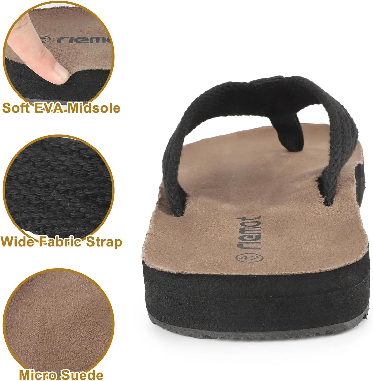 riemot Beach Flip Flops for Men Arch Support Sandals Summer Suede 3 Point Flip-Flop Classical Thongs Sandal for Beach Swimming Pool Home Shower Shoes US9/14