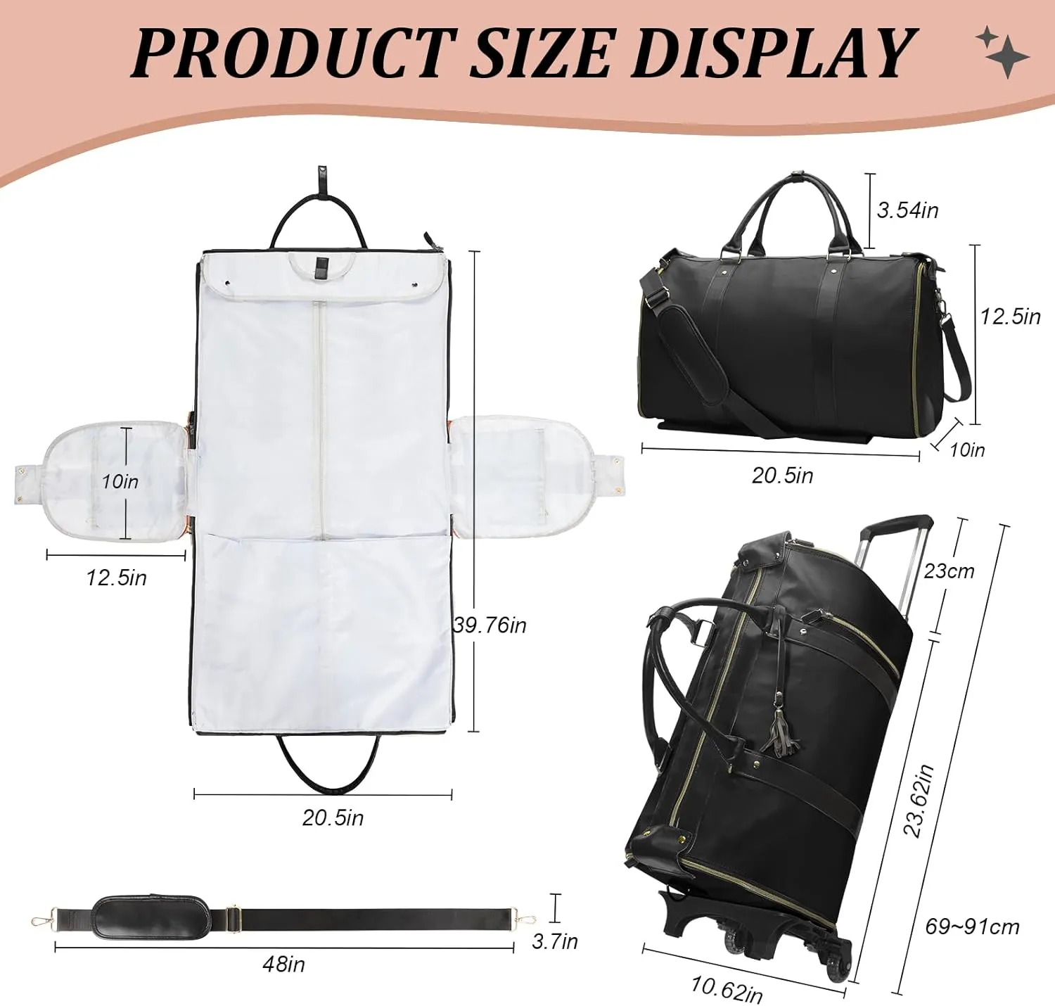 Rolling Garment Bag for Travel,Large Convertible Garment Duffel Bag Rolling Duffle Bag with Wheels,Carry on Garment Bags Weekender Travle Jenni Bags for Women Men(Black2)