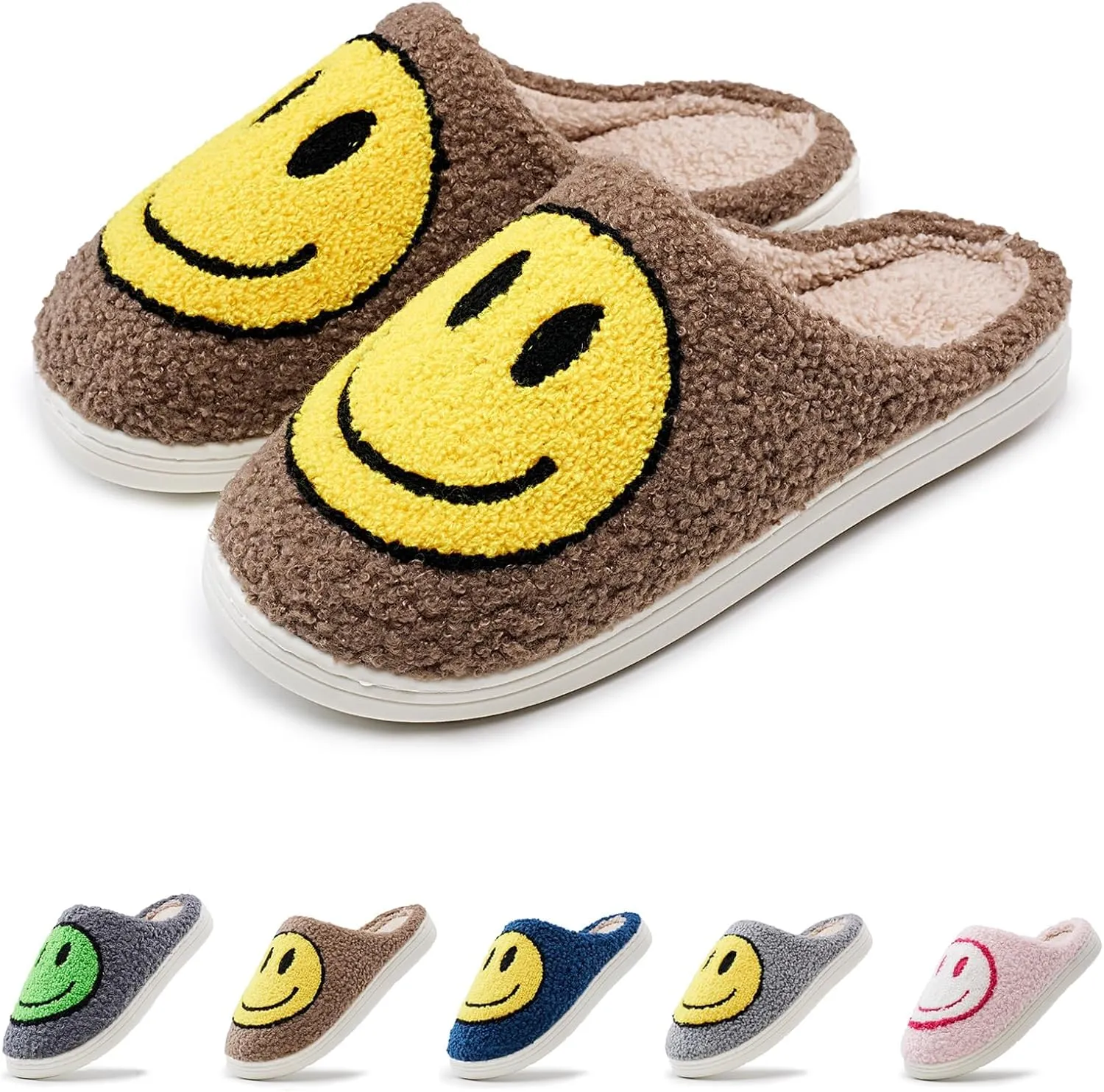 rosyclo Smile Face Slippers Retro Soft Plush Cozy House Slippers Slip-on Fluffy Indoor Outdoor Smile Slippers for Women and Men