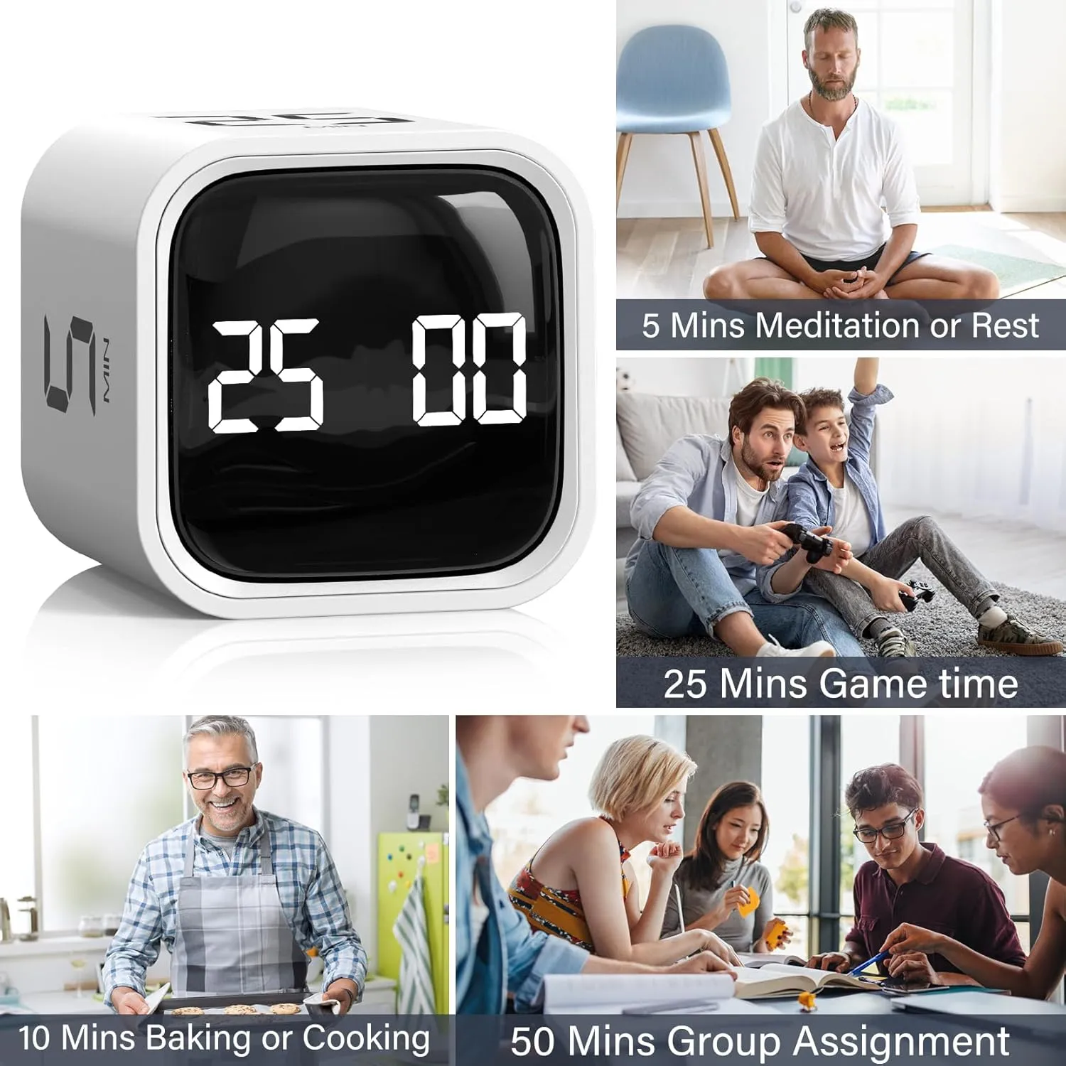 Rotating Pomodoro Timer 5, 25, 10 50 Minutes Preset, Desk Productivity Flip Timer, ADHD Tool Cube Countdown Stopwatch, Vibration/High/Low Volume/Custom Modes, for Work, Study, Back to School, White