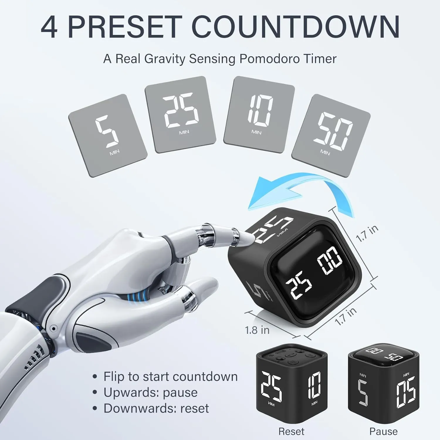 Rotating Pomodoro Timer 5, 25, 10 50 Minutes Preset, Desk Productivity Timer w/Gra vity Sensor, ADHD Tool Cube Countdown, Custom Modes, for Work, Study, Back to School, Kitchen, Black, 2 Pack