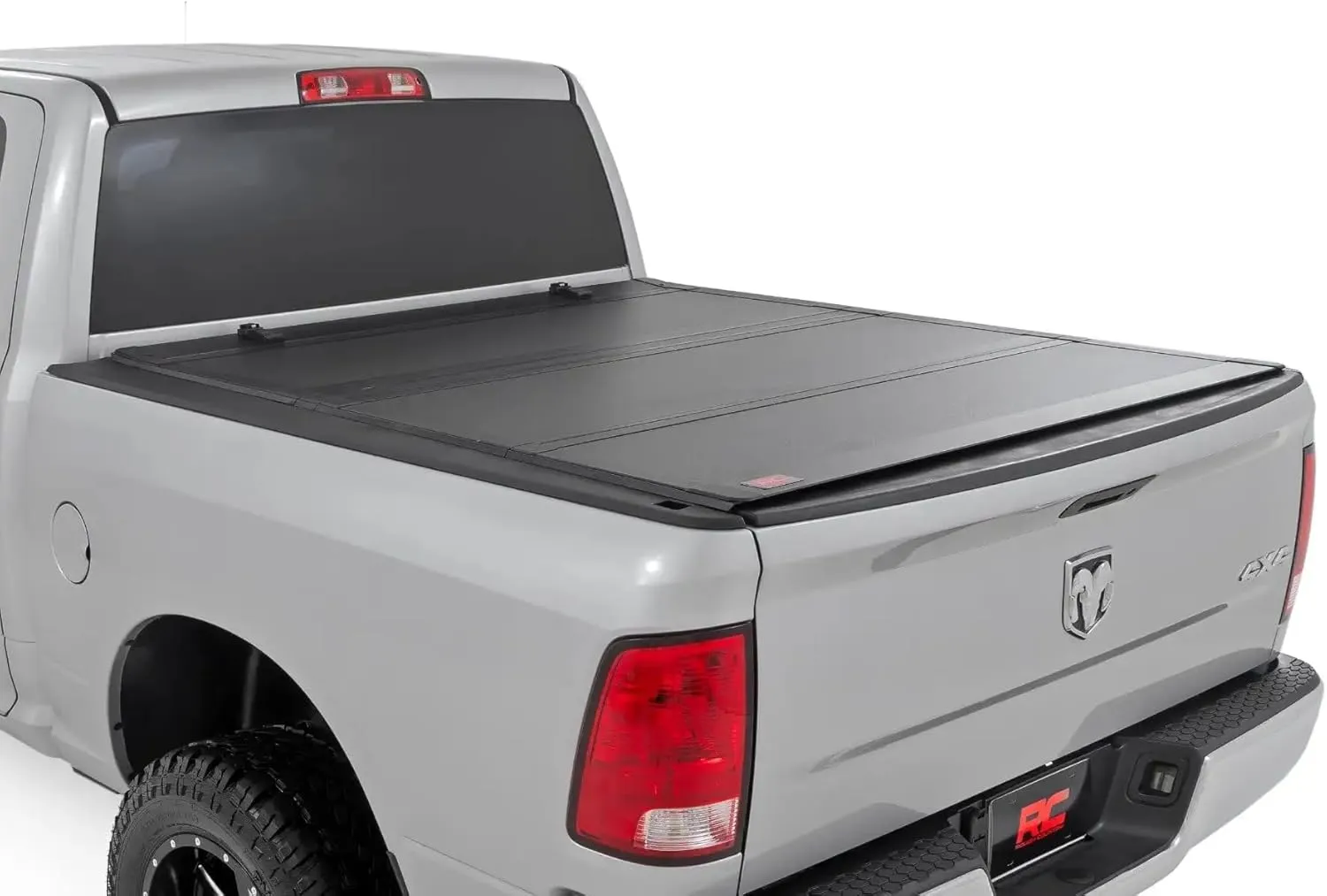 Rough Country Hard Flip Up Truck Bed Tonneau Cover for Dodge Ram 1500 (2009-2018), 2500 (2010-2025) - Fits 6'4 (76") Bed, All-Weather, Tri-Fold Aluminum Panels