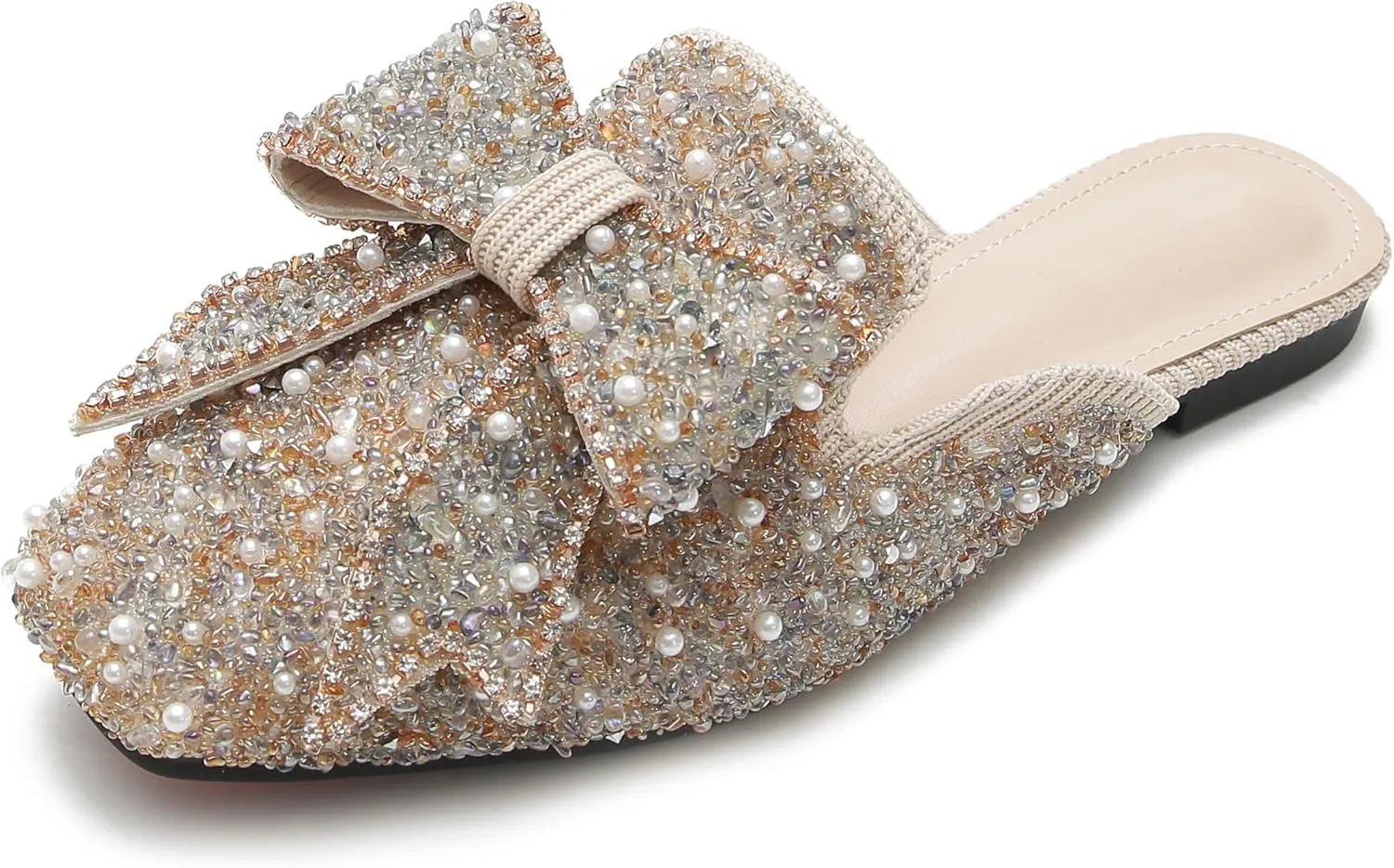 SAFECAMS Women's Rhinestone Bow Flat Mules Comfortable Square Toe Slip on Penny Loafers Ladies Baotou Clogs Half Slides Mules