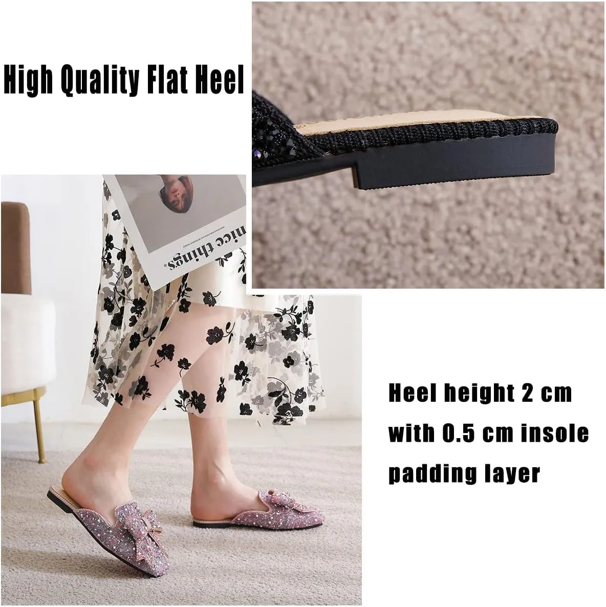 SAFECAMS Women's Rhinestone Bow Flat Mules Comfortable Square Toe Slip on Penny Loafers Ladies Baotou Clogs Half Slides Mules
