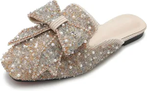 SAFECAMS Women's Rhinestone Bow Flat Mules Comfortable Square Toe Slip on Penny Loafers Ladies Baotou Clogs Half Slides Mules