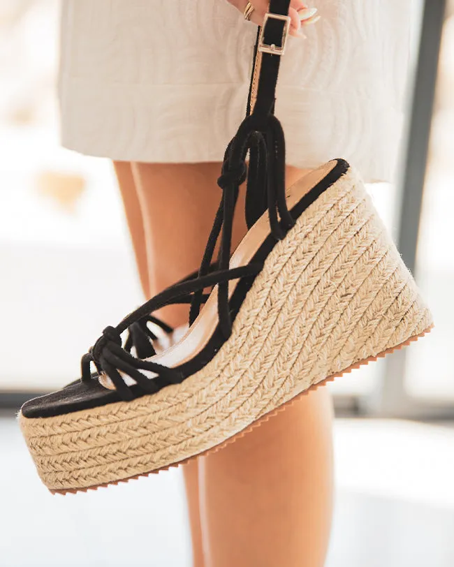Sandale femme compensé corde daim noir - Flavie