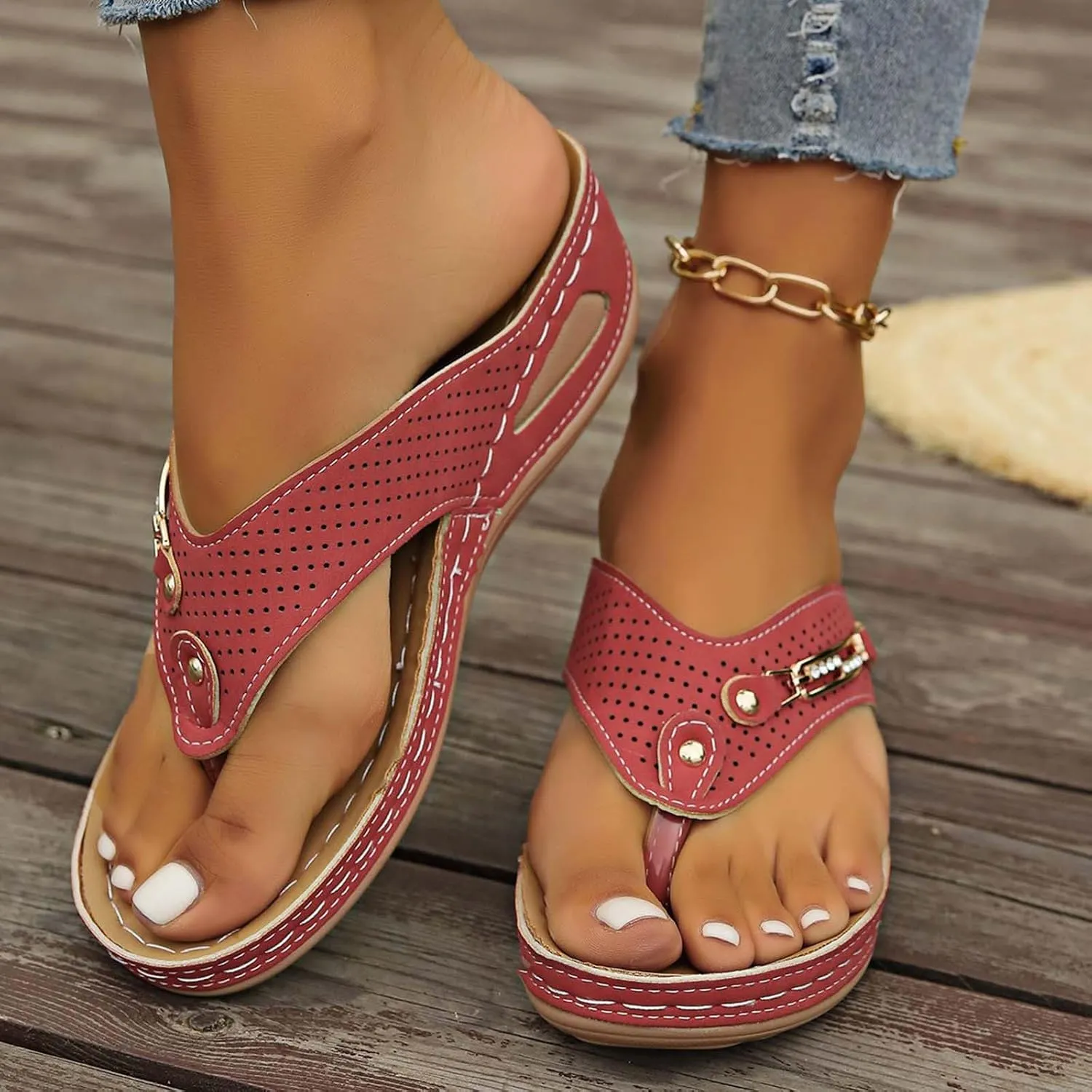 Sandals Arch Support Women Fashion Metal Beach Hollow Out Flip Flops Classic Black Shoes Comfort Breathable Sandal