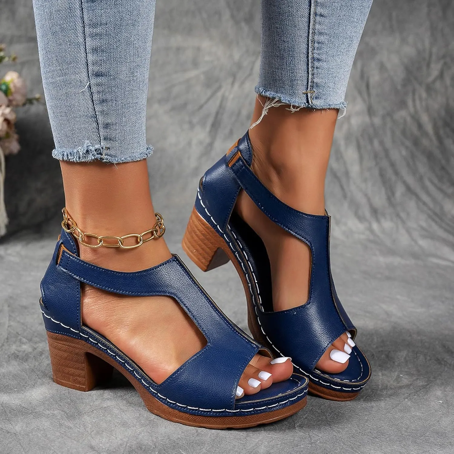 Sandals for Women Chunky Heel Ankle Strap Womens Wedge Sandals Casual Slip On Beach Open Toe Comfortable Summer Shoes