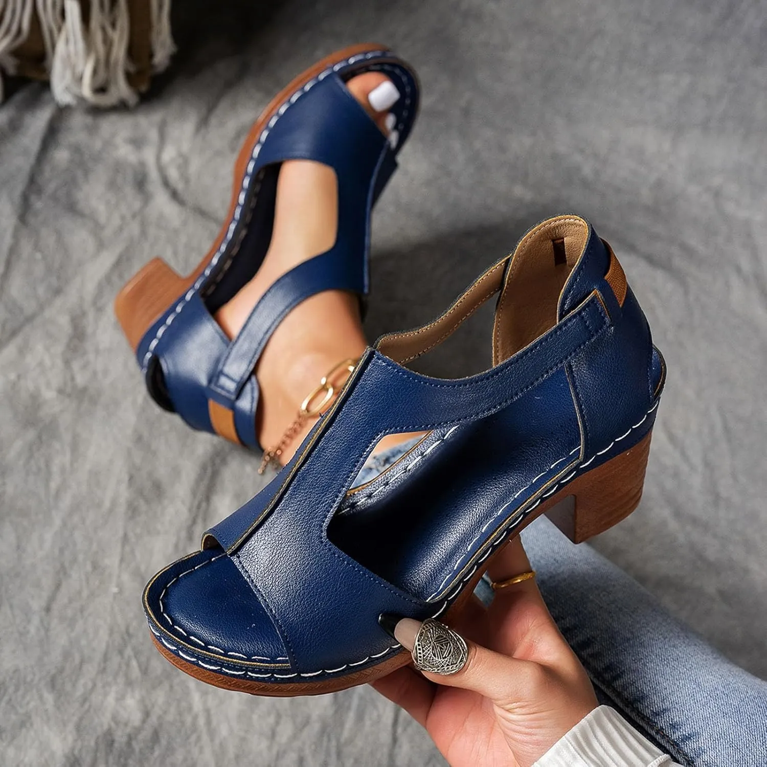 Sandals for Women Chunky Heel Ankle Strap Womens Wedge Sandals Casual Slip On Beach Open Toe Comfortable Summer Shoes