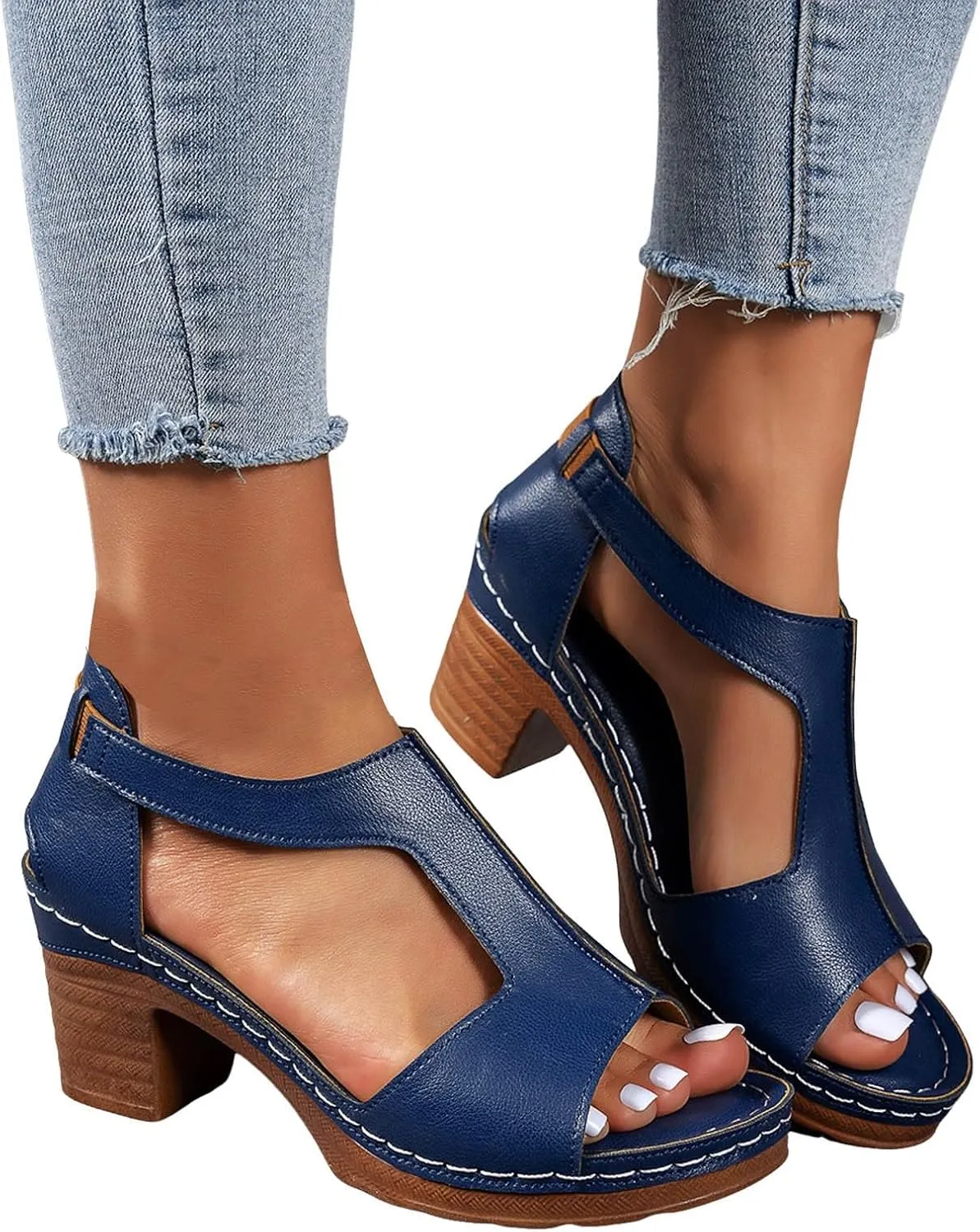 Sandals for Women Chunky Heel Ankle Strap Womens Wedge Sandals Casual Slip On Beach Open Toe Comfortable Summer Shoes