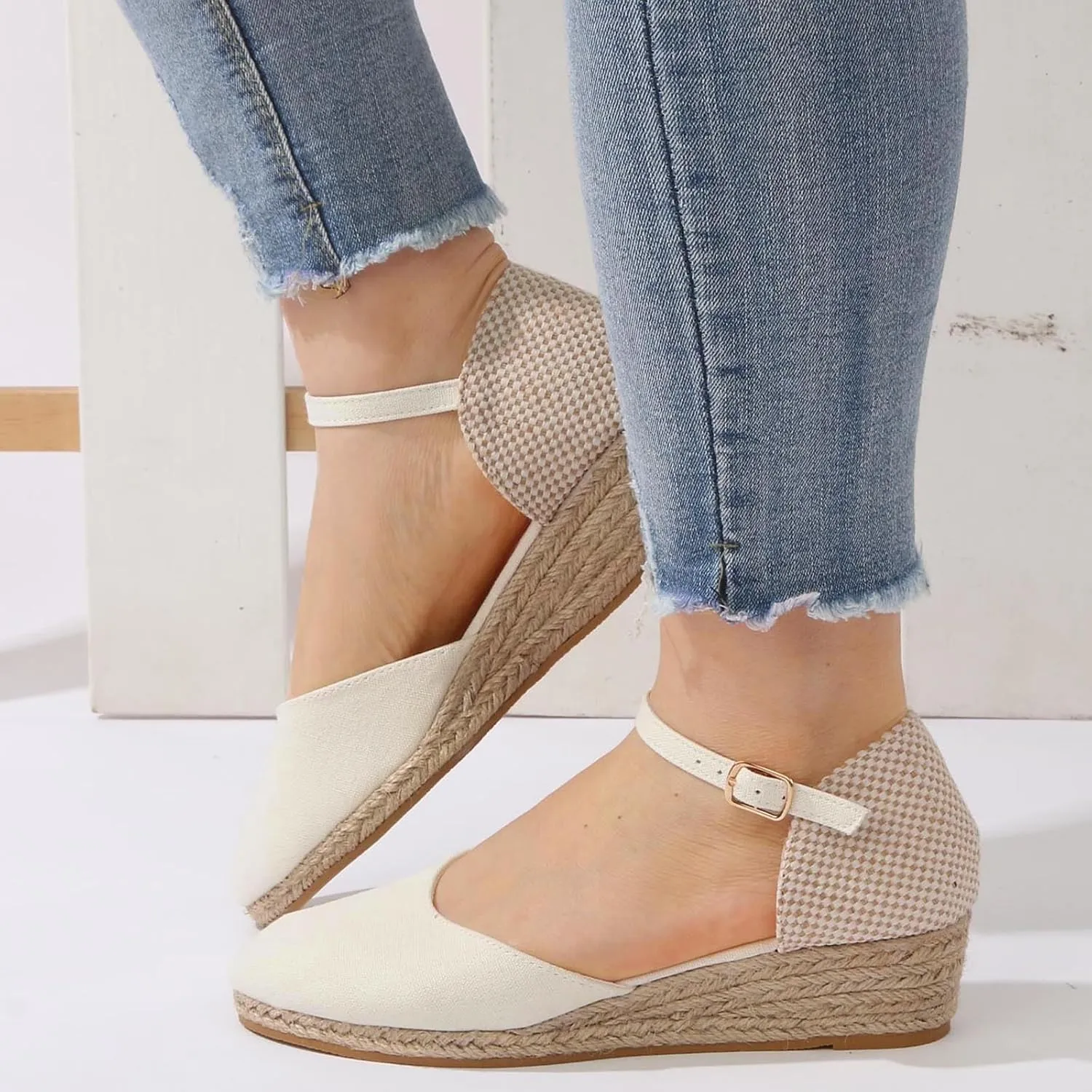 Sandals Women Summer Casual Low Wedge Espadrille Sandals with Ankle Strap Closed Toe Dressy Platform Sandals