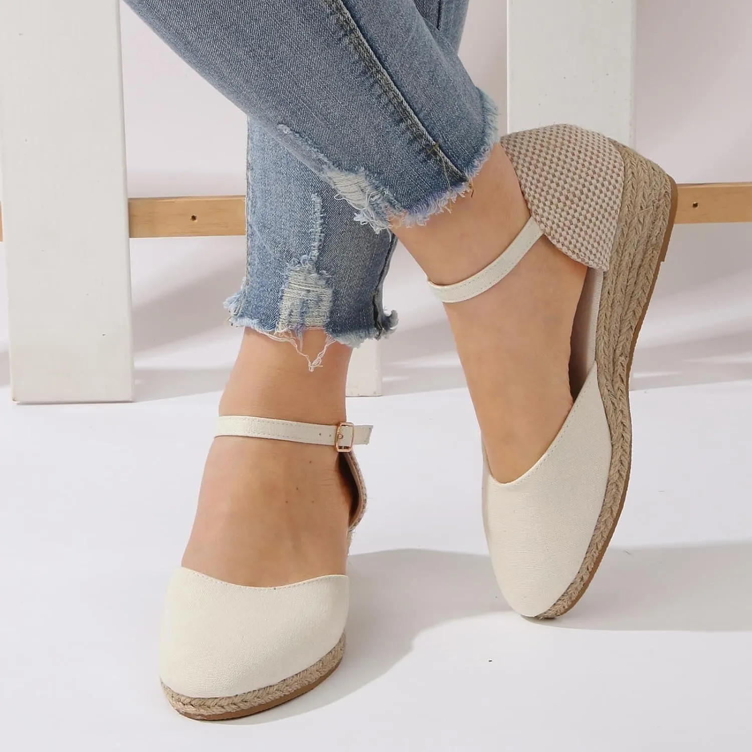 Sandals Women Summer Casual Low Wedge Espadrille Sandals with Ankle Strap Closed Toe Dressy Platform Sandals