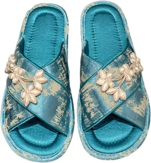 Satin Cross-Strap Slippers for Women Retro Flip-Flops Flower Decor Satin Upper Soft TPR Anti-Slip Soles Indoor Outdoor Slippers