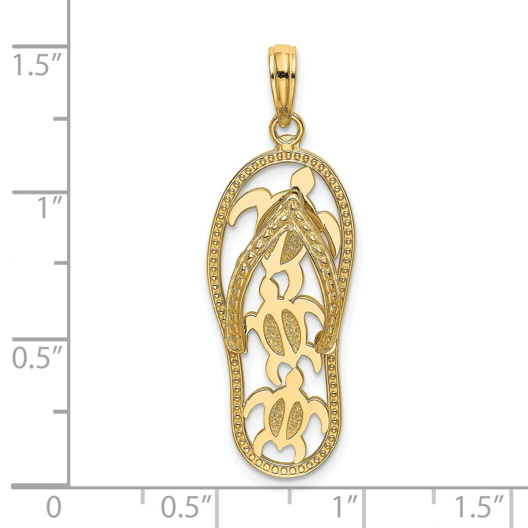Sea Turtles on Flip Flop Sandal Charm Pendant in Real 14k Yellow Gold