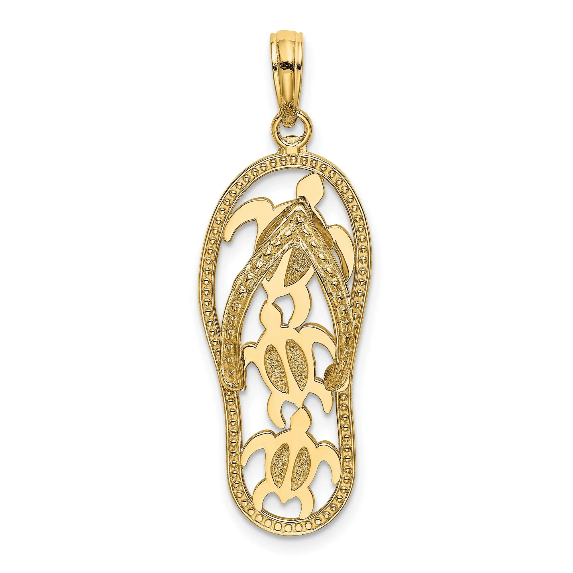 Sea Turtles on Flip Flop Sandal Charm Pendant in Real 14k Yellow Gold