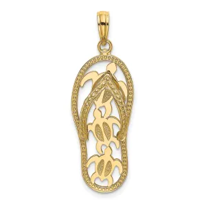 Sea Turtles on Flip Flop Sandal Charm Pendant in Real 14k Yellow Gold