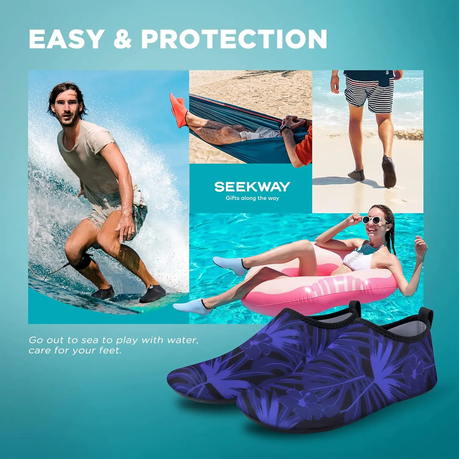 SEEKWAY Water Shoes Quick-Dry Aqua Socks Barefoot Slip-on for Beach Pool Swim River Yoga Lake Surf Women Men Black SK001