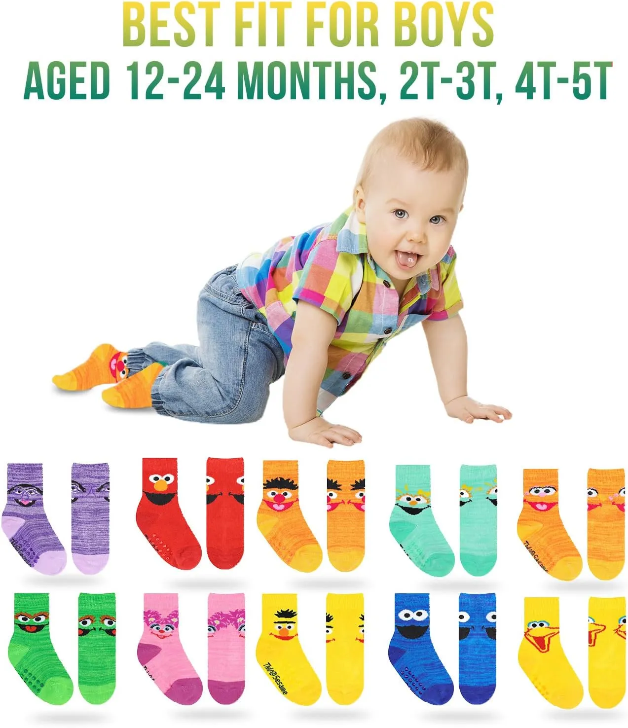 Sesame Street Toddler Socks with Grippers, Non Slip Socks for Kids