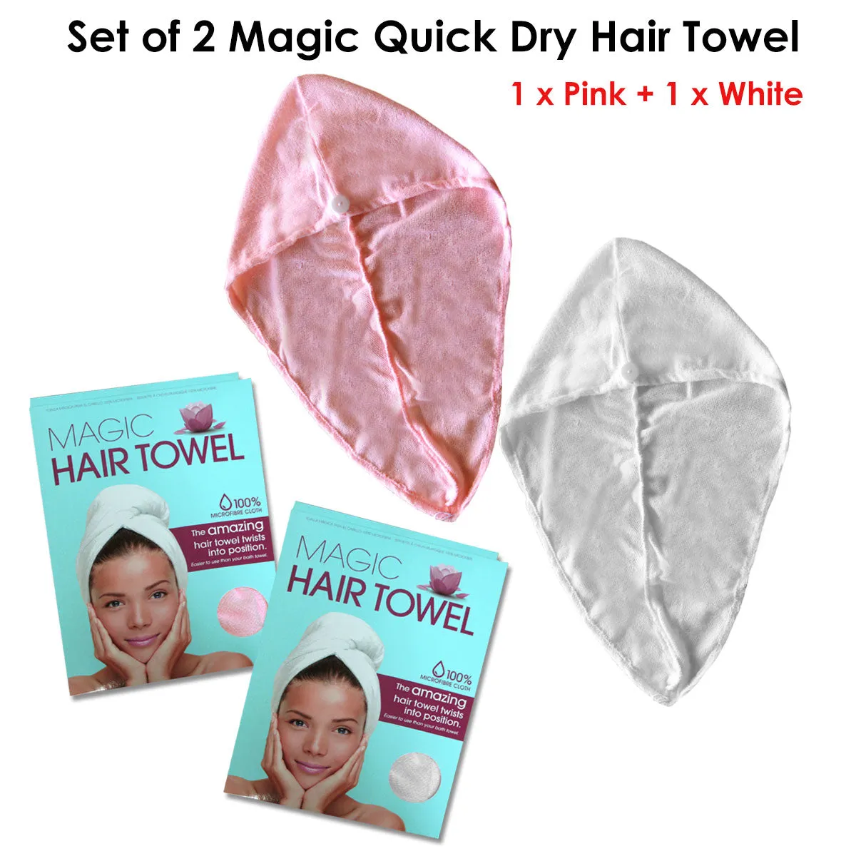 Set of 2 Magic Quick Dry Microfibre Hair Dryer Towels Pink   White