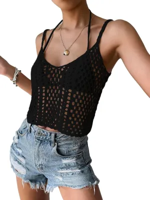 SHENHE Women's Hollow Out Crochet Scoop Neck Sleeveless Cami Top Bikini Cover Ups