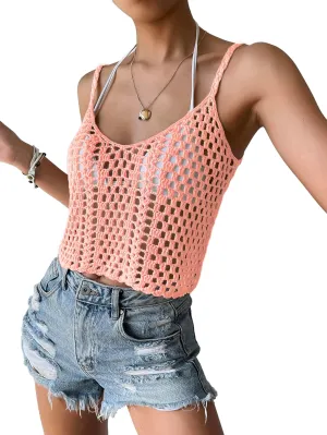 SHENHE Women's Hollow Out Crochet Scoop Neck Sleeveless Cami Top Bikini Cover Ups