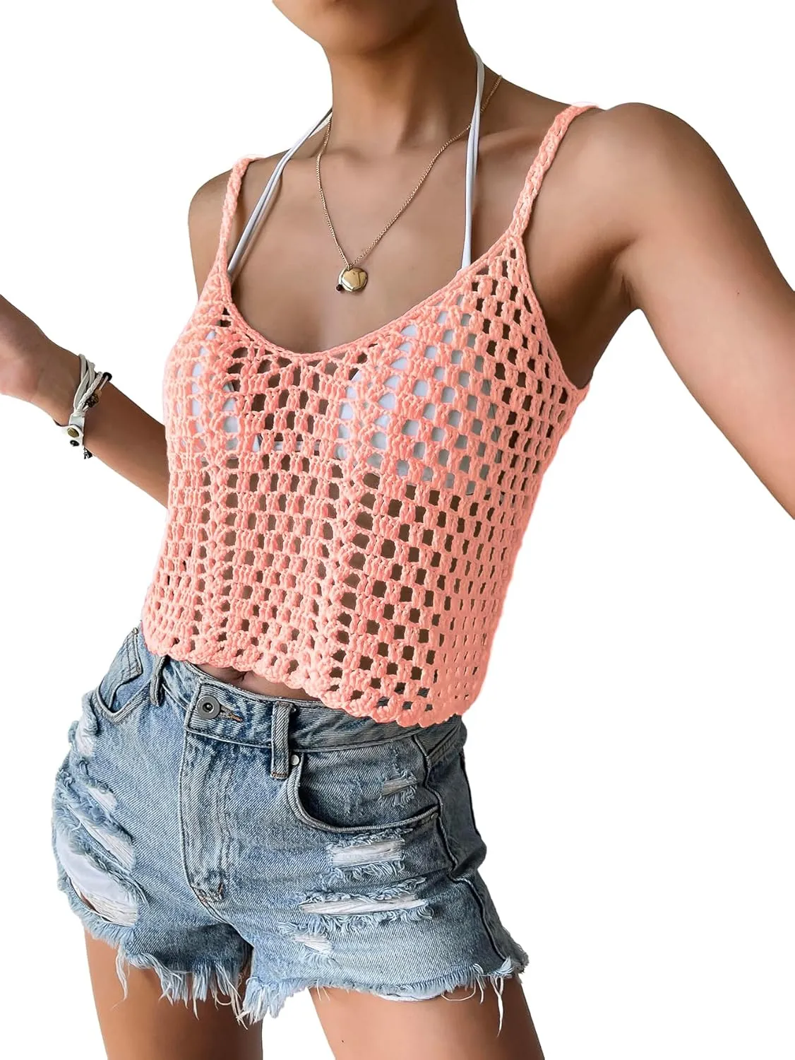 SHENHE Women's Hollow Out Crochet Scoop Neck Sleeveless Cami Top Bikini Cover Ups