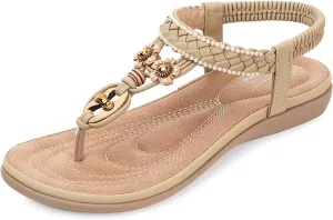 SHIBEVER Womens Sandals Summer Bohemian Flat Sandals Shoes with Elastic Strap Dressy Sandal
