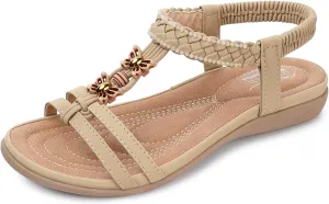 SHIBEVER Womens Sandals Summer Bohemian Flat Sandals Shoes with Elastic Strap Dressy Sandal