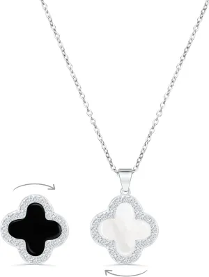 SHINYY 2 Side Crystal Clover Necklace for Women 18K Gold Plated Stainless Steel Four Leaf Lucky Pendant Black & White Cubic Zirconia Jewelry for Mother and Daughter