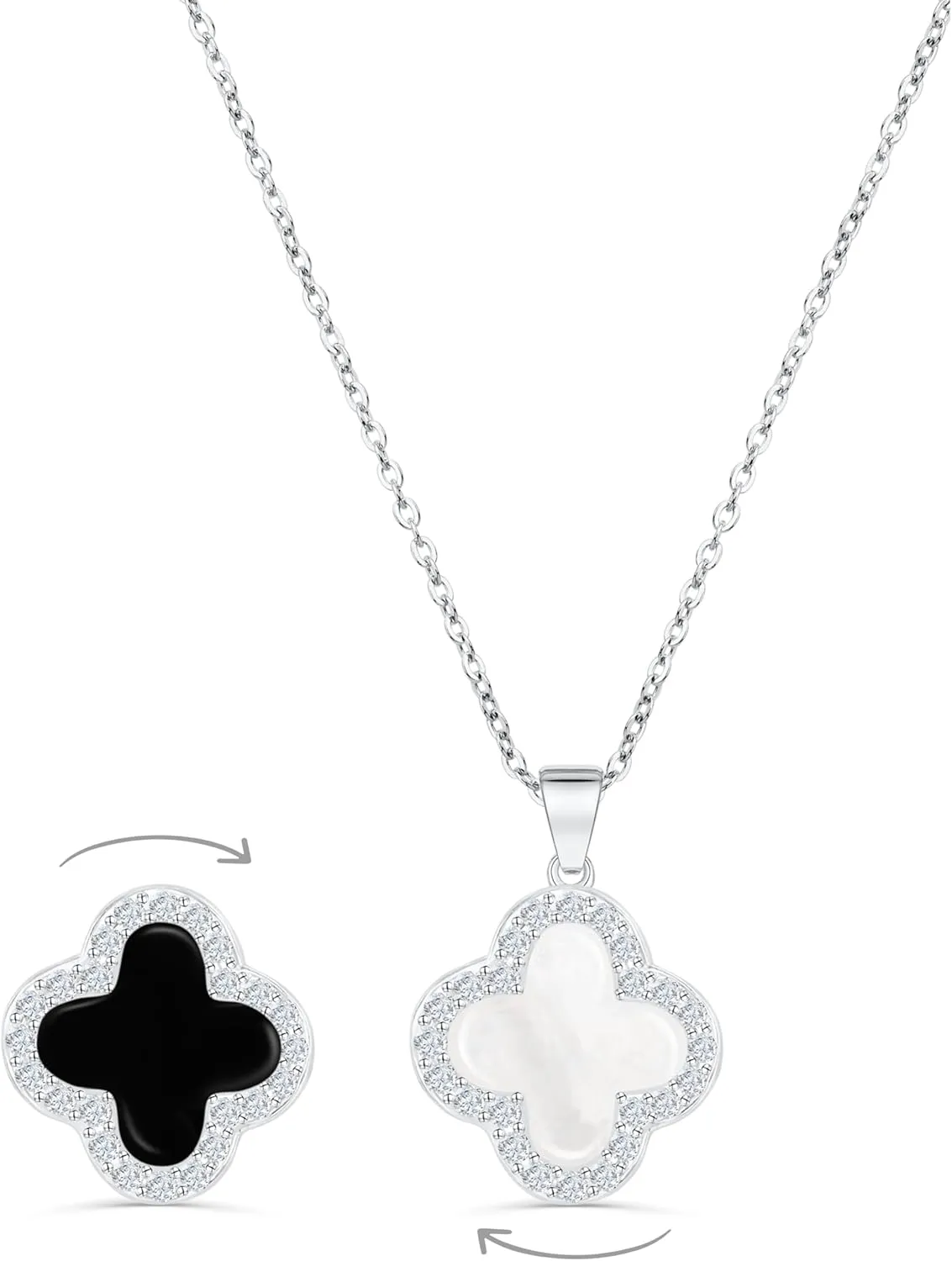 SHINYY 2 Side Crystal Clover Necklace for Women 18K Gold Plated Stainless Steel Four Leaf Lucky Pendant Black & White Cubic Zirconia Jewelry for Mother and Daughter