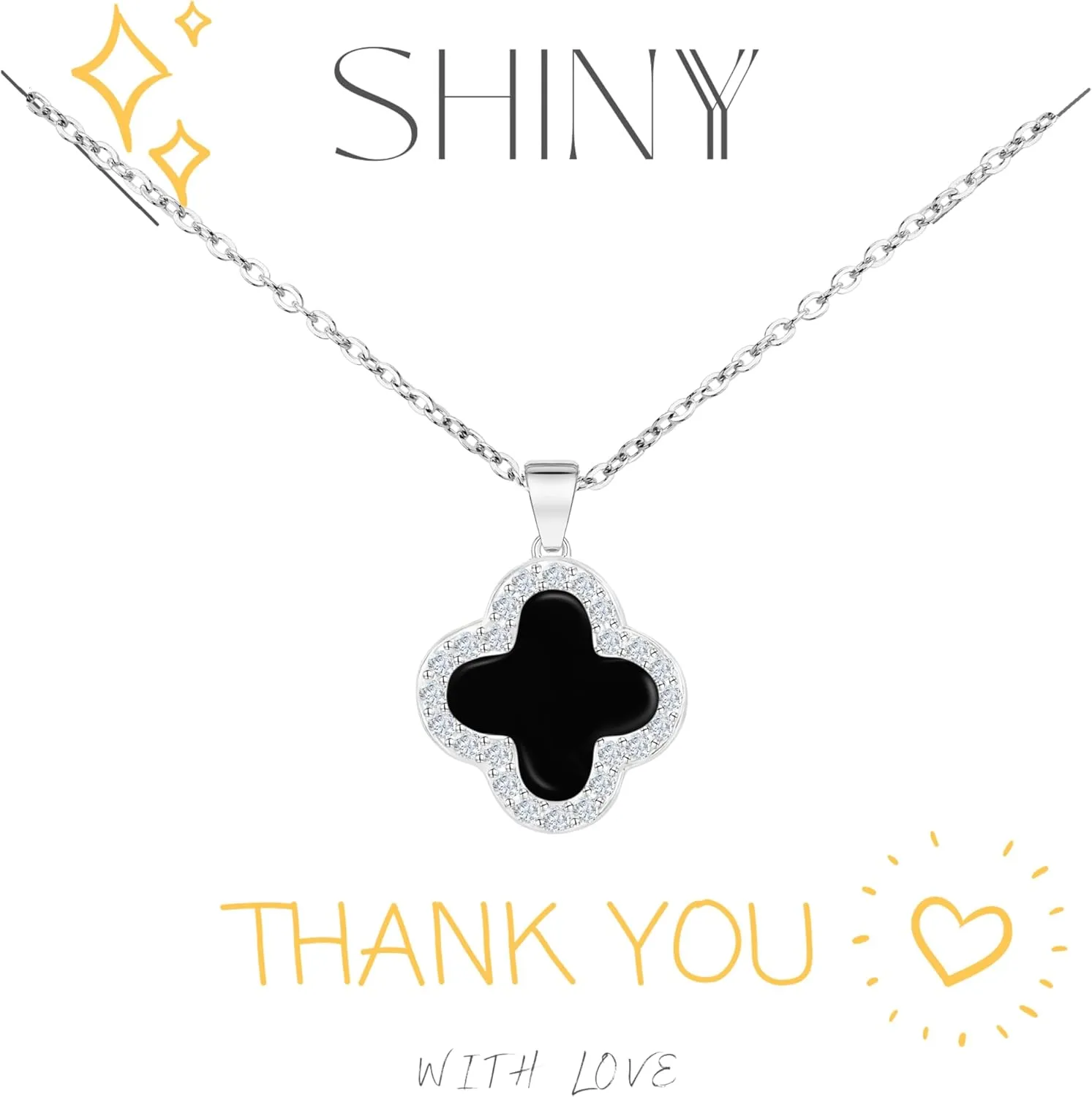 SHINYY 2 Side Crystal Clover Necklace for Women 18K Gold Plated Stainless Steel Four Leaf Lucky Pendant Black & White Cubic Zirconia Jewelry for Mother and Daughter