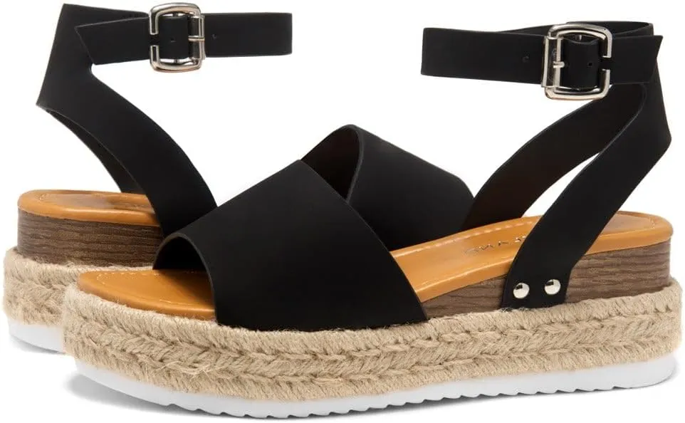 Shoe Land Legossa Womens Platform Sandals Ankle Strap Espadrilles Comfortable Open Toe Flatform Wedge Casual Sandal Black White Tan Platform Sandals for Summer