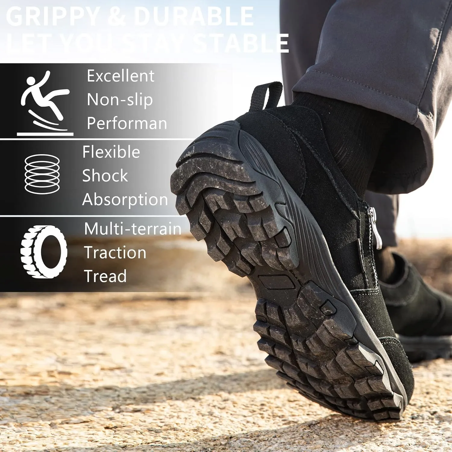 SHULOOK Men's Waterproof Slip On Hiking Shoes Lightweight Zipper Loafers Comfort Non-Slip Outdoor Shoe