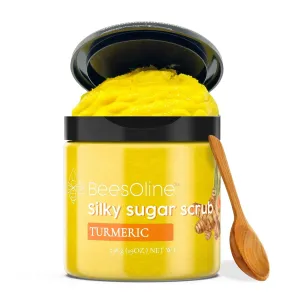 Silky Sugar Scrub by BeesOline - Premium Fine Cane Sugar | Turmeric - Extra Large 20oz, Convienent Flip-Top Lid, Organic Sunflower Oil & COCONUT OIL for Smooth Gentle Exfoliation