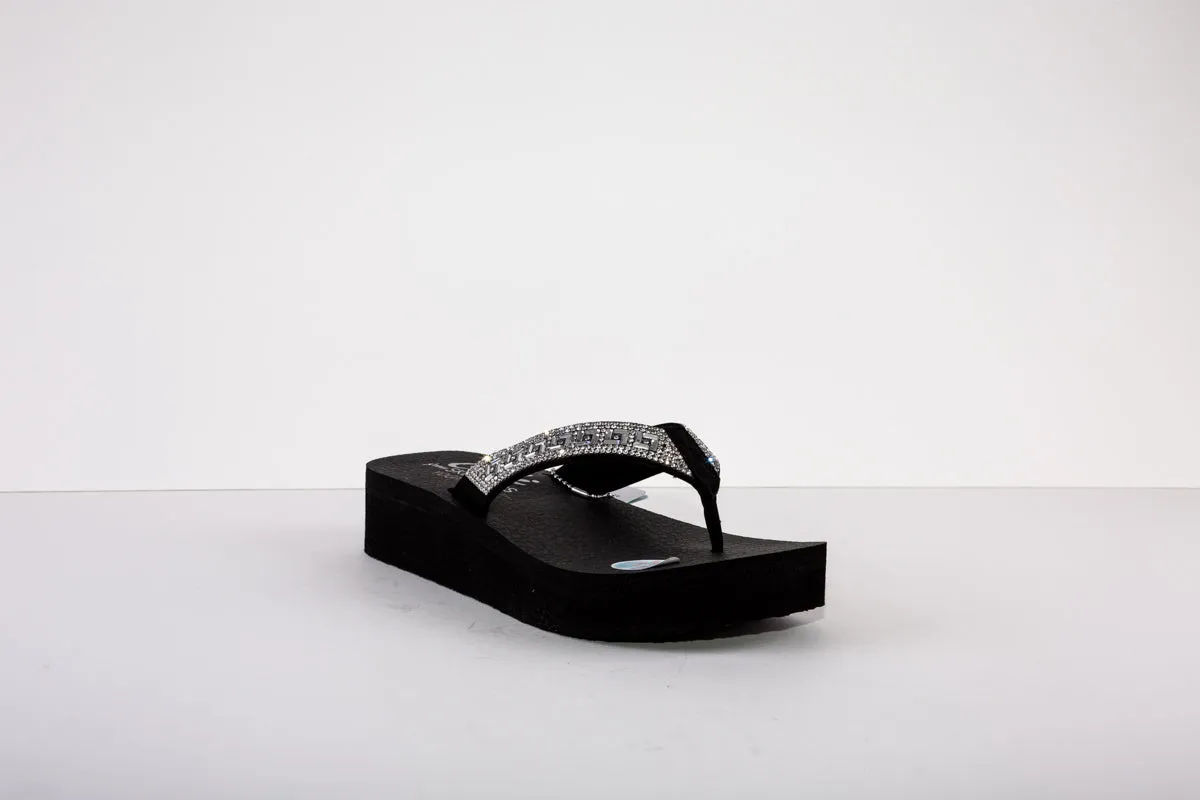 SKECHERS VINYASA-GEO QUEEN LOW WEDGE TOE-POST MULE - BLACK