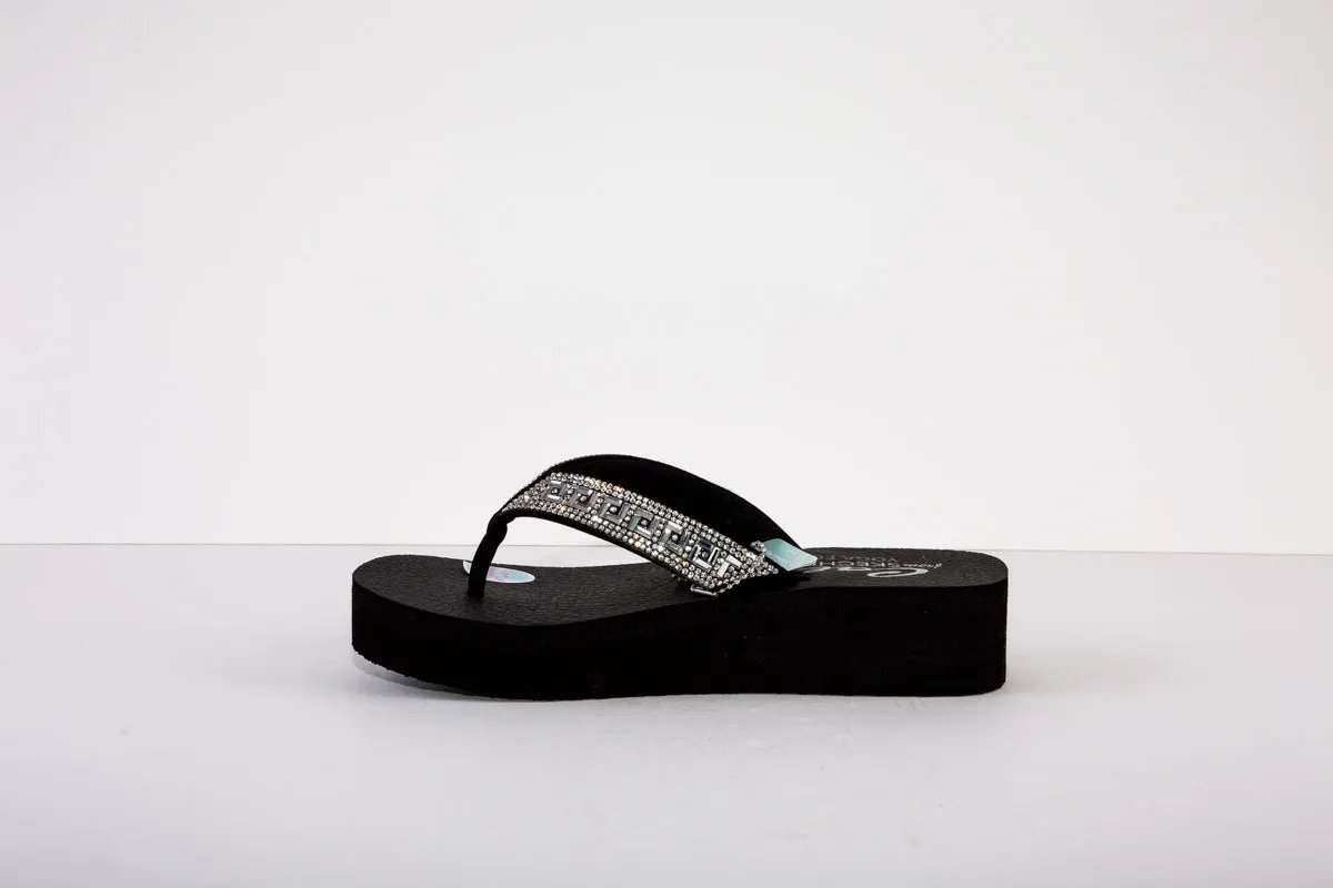 SKECHERS VINYASA-GEO QUEEN LOW WEDGE TOE-POST MULE - BLACK