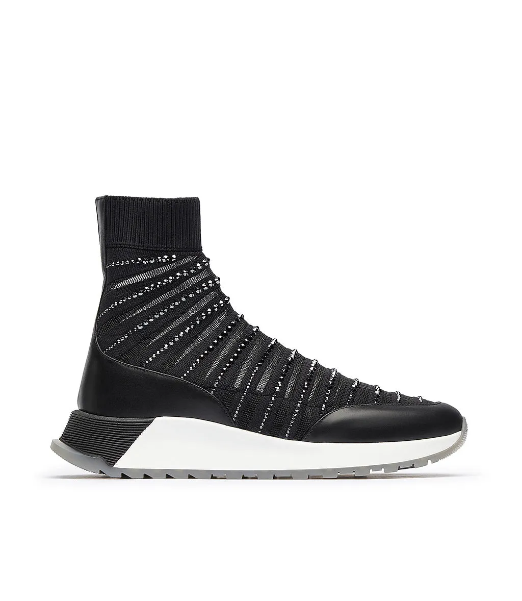 Sneaker in tessuto effetto calzino nero con strass
