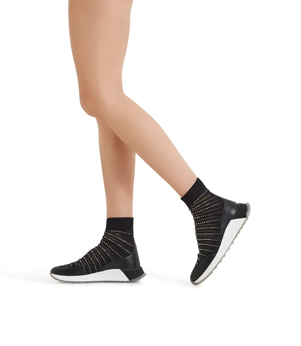 Sneaker in tessuto effetto calzino nero con strass