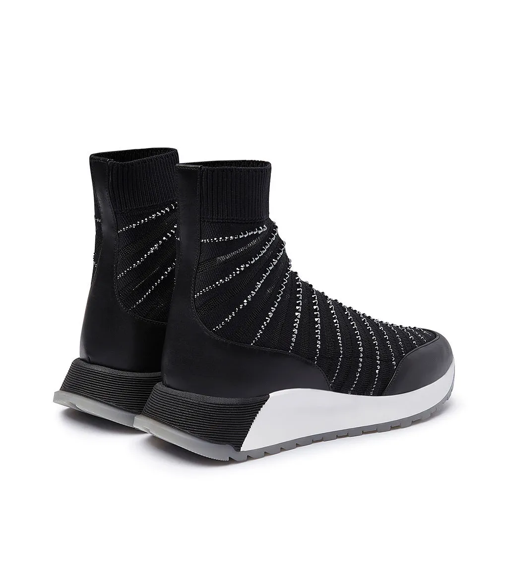 Sneaker in tessuto effetto calzino nero con strass