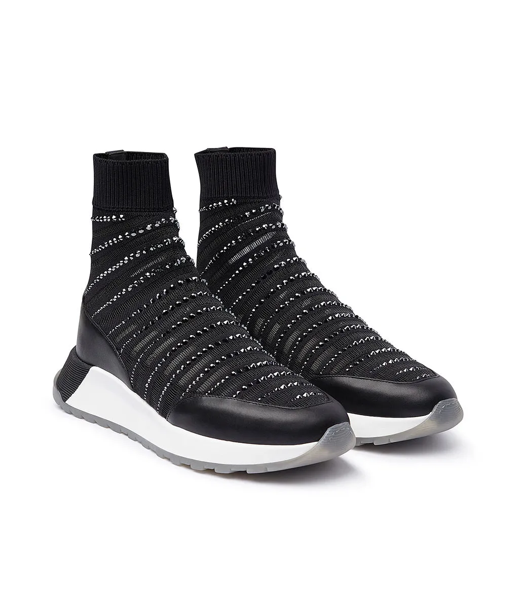 Sneaker in tessuto effetto calzino nero con strass