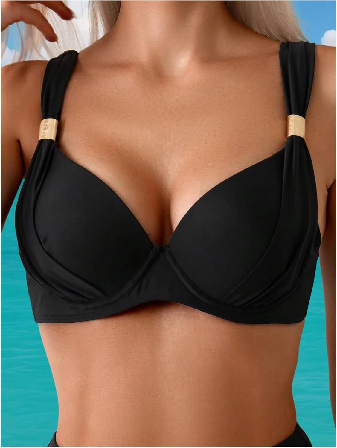 SOLY HUX Women's 2 Piece Bikini Set Metal Decor Push Up High Waisted Bathing Suit Beachwear