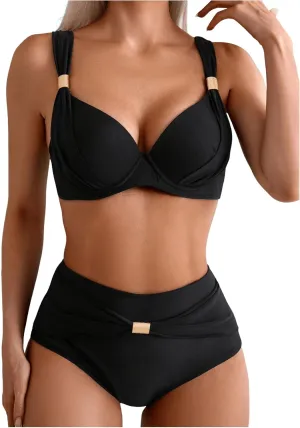 SOLY HUX Women's 2 Piece Bikini Set Metal Decor Push Up High Waisted Bathing Suit Beachwear