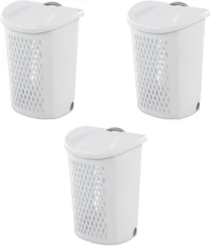 Sterilite Ultra Wheeled Laundry Hamper with Lid, 2 Bushel, Plastic Large Hamper w/ Handle and Wheels to Easily Transport Clothes, White, 3-Pack