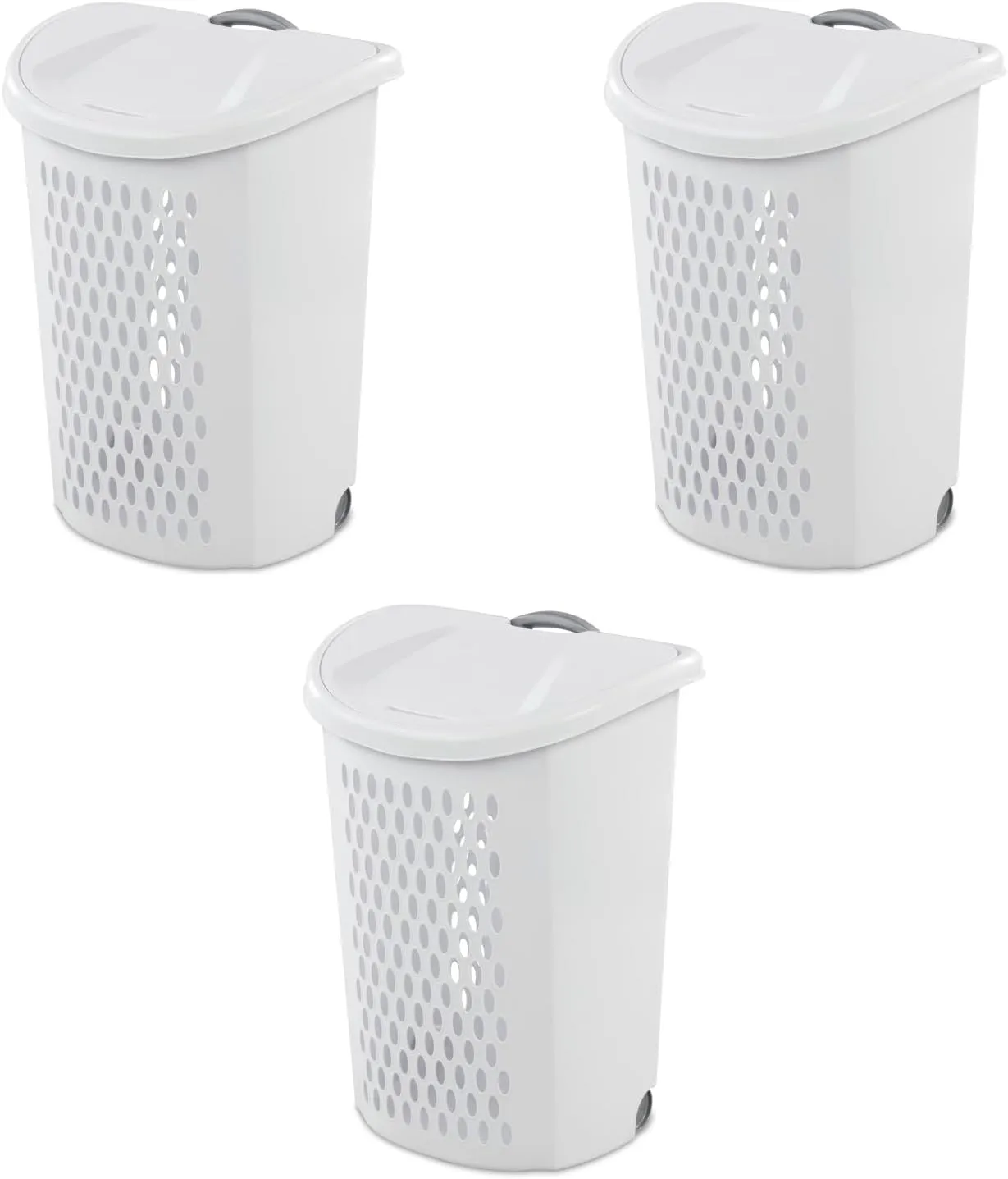Sterilite Ultra Wheeled Laundry Hamper with Lid, 2 Bushel, Plastic Large Hamper w/ Handle and Wheels to Easily Transport Clothes, White, 3-Pack