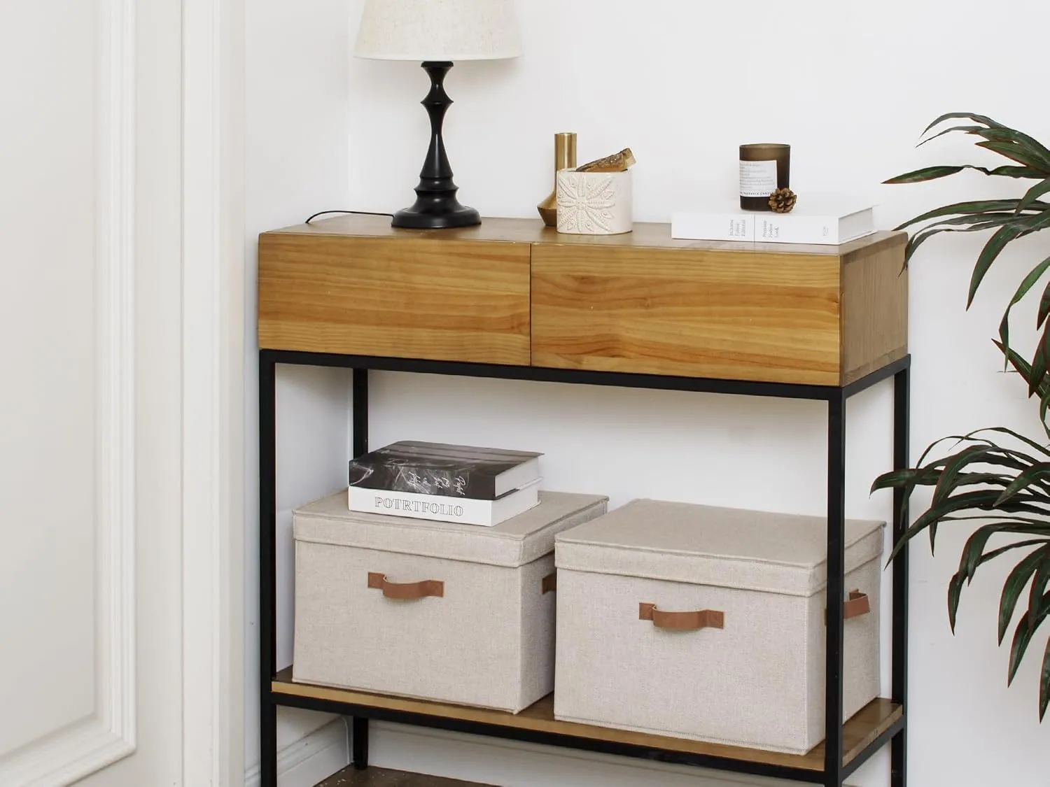 StorageWorks Fabric Storage Bins with lid, Decorative Boxes for Shelves, Closet Organizer Basket with Handles, Large, Brown and Beige, 2-Pack