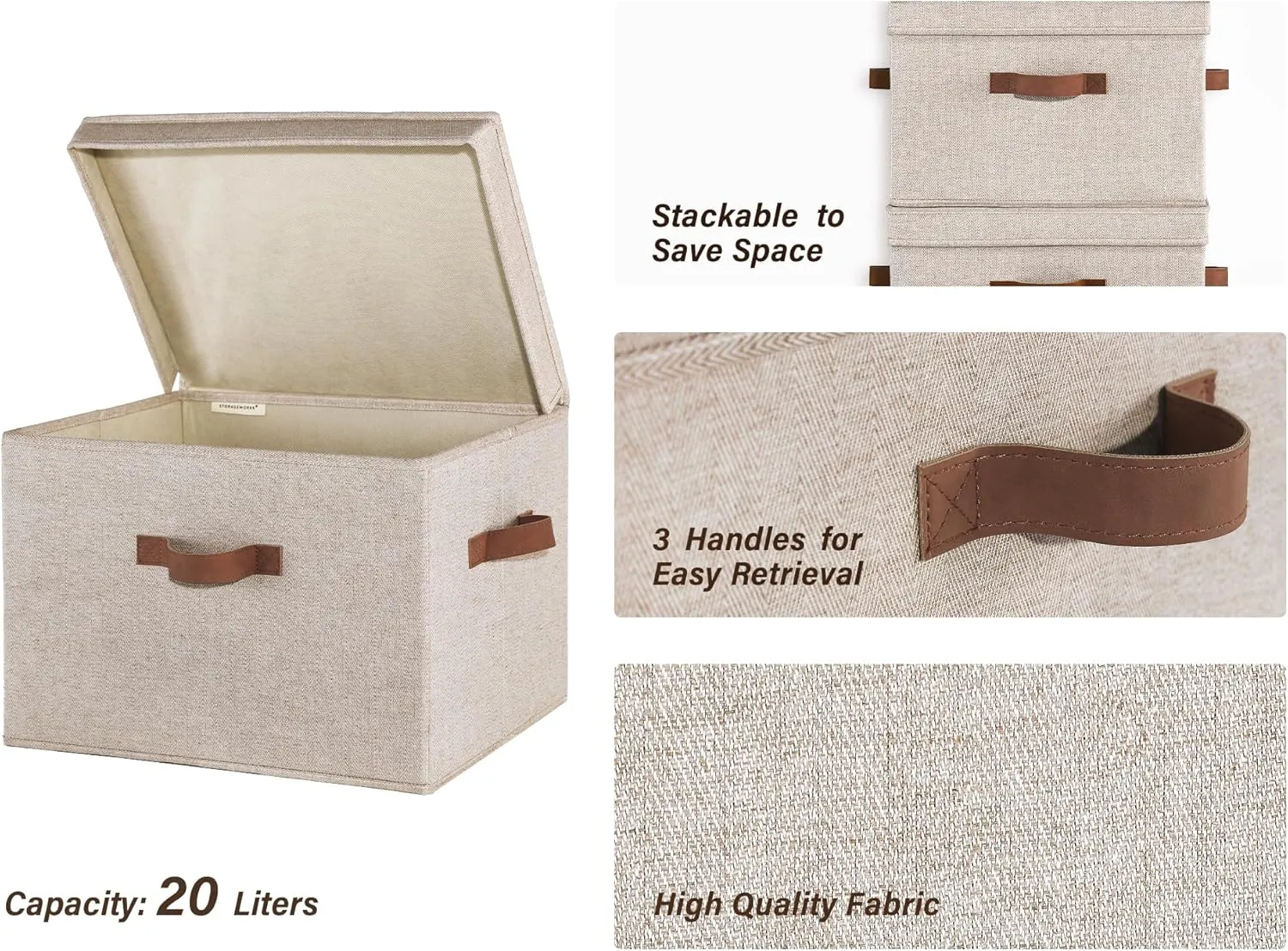 StorageWorks Fabric Storage Bins with lid, Decorative Boxes for Shelves, Closet Organizer Basket with Handles, Large, Brown and Beige, 2-Pack